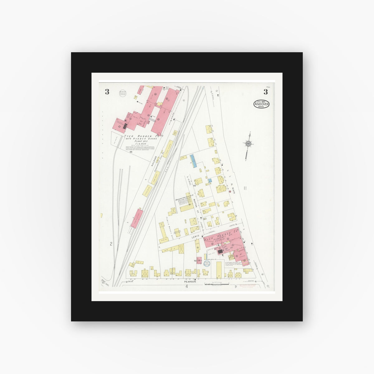 Old map wall art mockup — black gallery frame with white mat — Sanborn Fire Insurance Map from Andover, Essex County, Massachusetts (1930), Sheet #0003