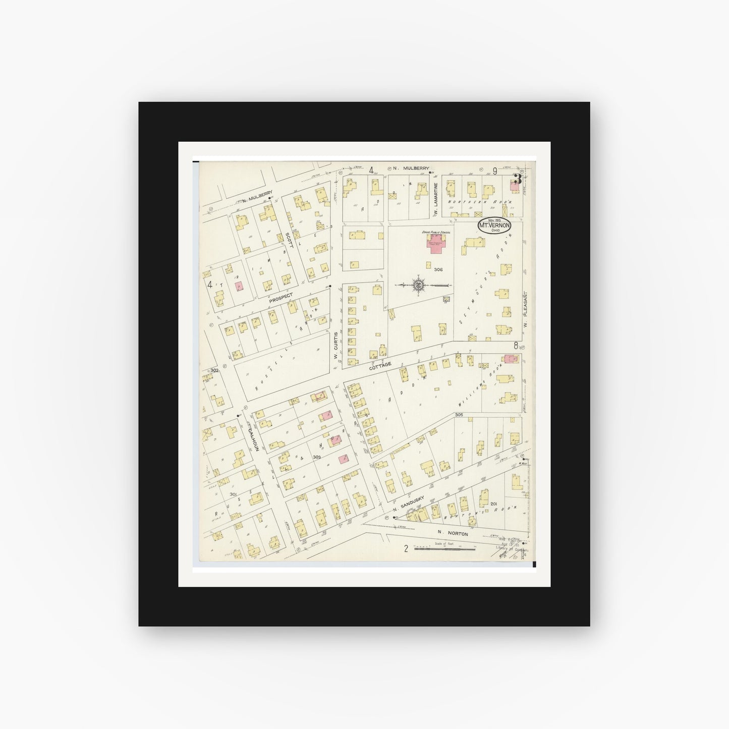 Old map wall art mockup — black gallery frame with white mat — Sanborn Fire Insurance Map from Mount Vernon, Knox County, Ohio (1913), Sheet #0003