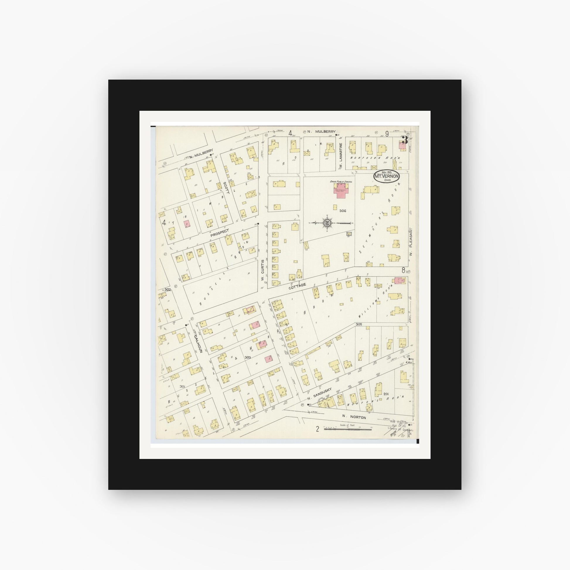 Old map wall art mockup — black gallery frame with white mat — Sanborn Fire Insurance Map from Mount Vernon, Knox County, Ohio (1913), Sheet #0003
