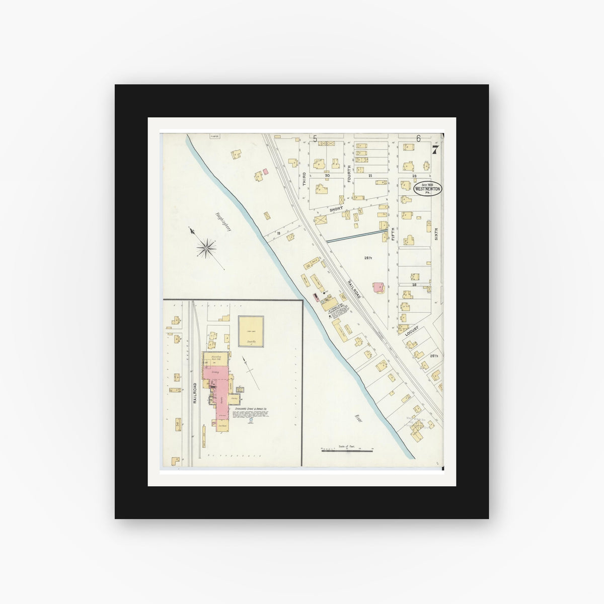 Old map wall art mockup — black gallery frame with white mat — Sanborn Fire Insurance Map from West Newton, Westmoreland County, Pennsylvania (1905), Sheet #0007