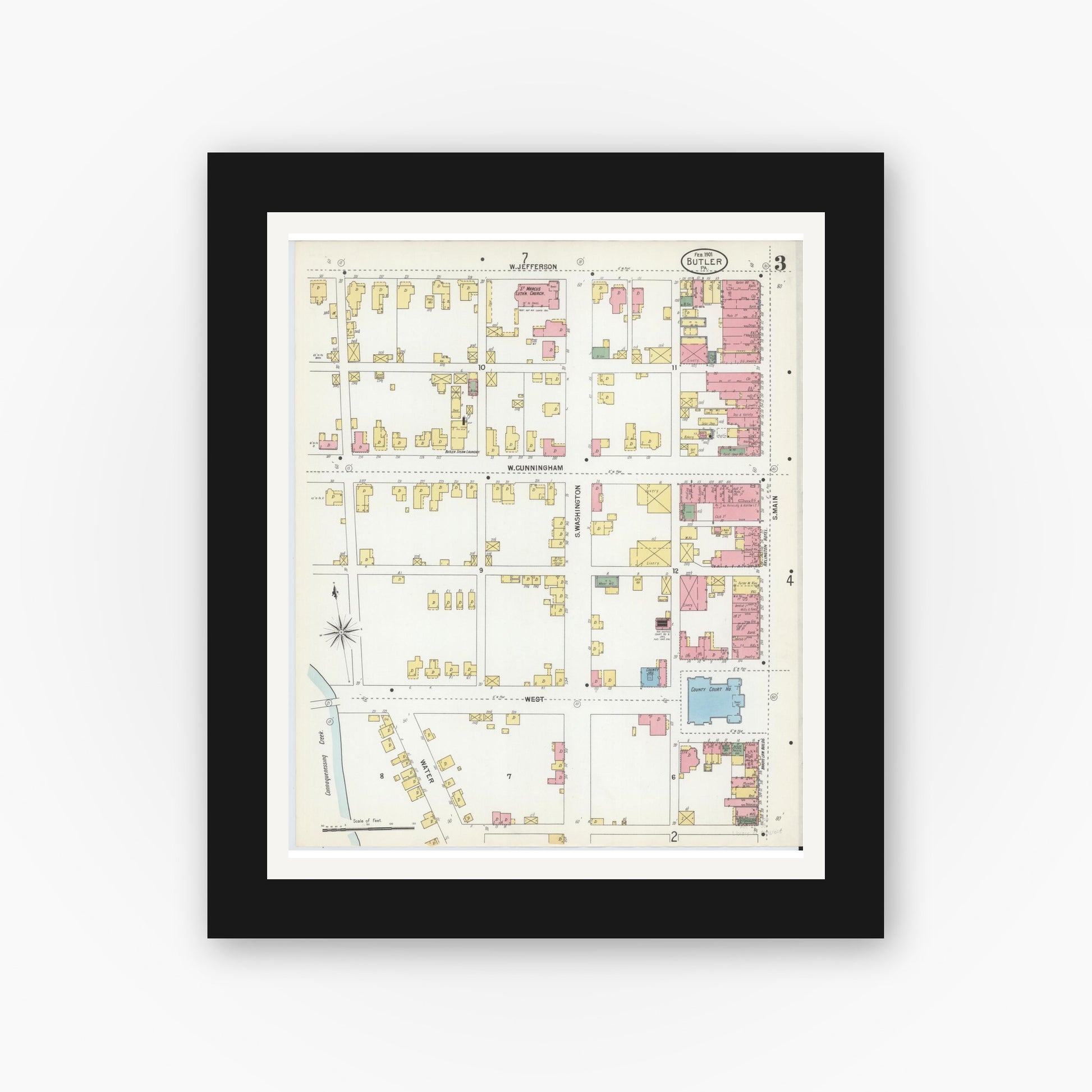 Old map wall art mockup — black gallery frame with white mat — Sanborn Fire Insurance Map from Butler, Butler County, Pennsylvania (1901), Sheet #0003