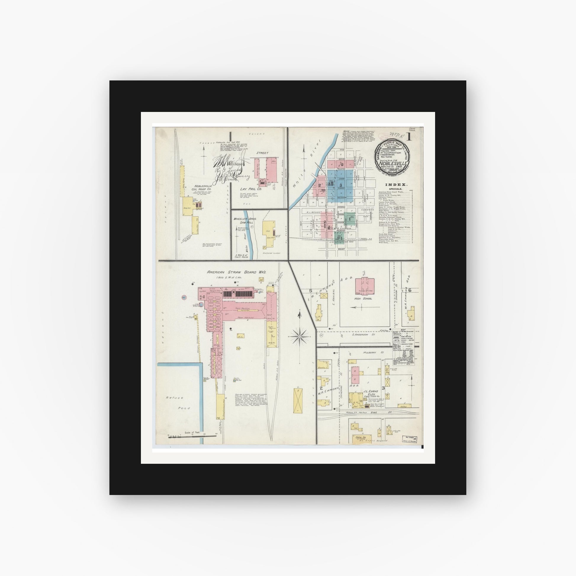 Old map wall art mockup — black gallery frame with white mat — Sanborn Fire Insurance Map from Noblesville, Hamilton County, Indiana (1892) - Complete Map Set