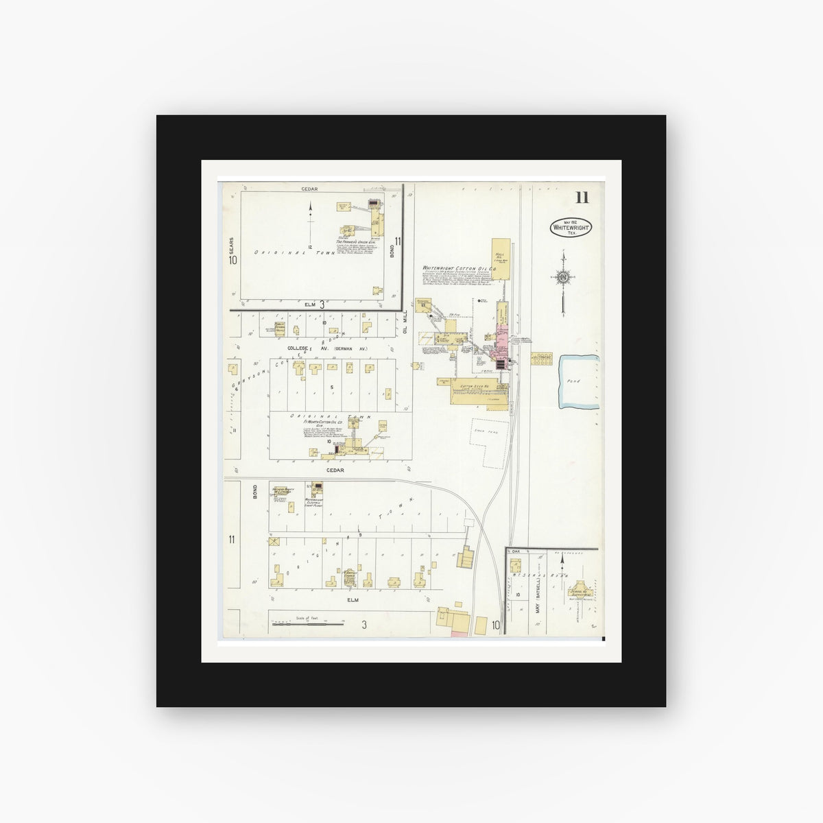 Old map wall art mockup — black gallery frame with white mat — Sanborn Fire Insurance Map from Whitewright, Grayson County, Texas (1912), Sheet #0011