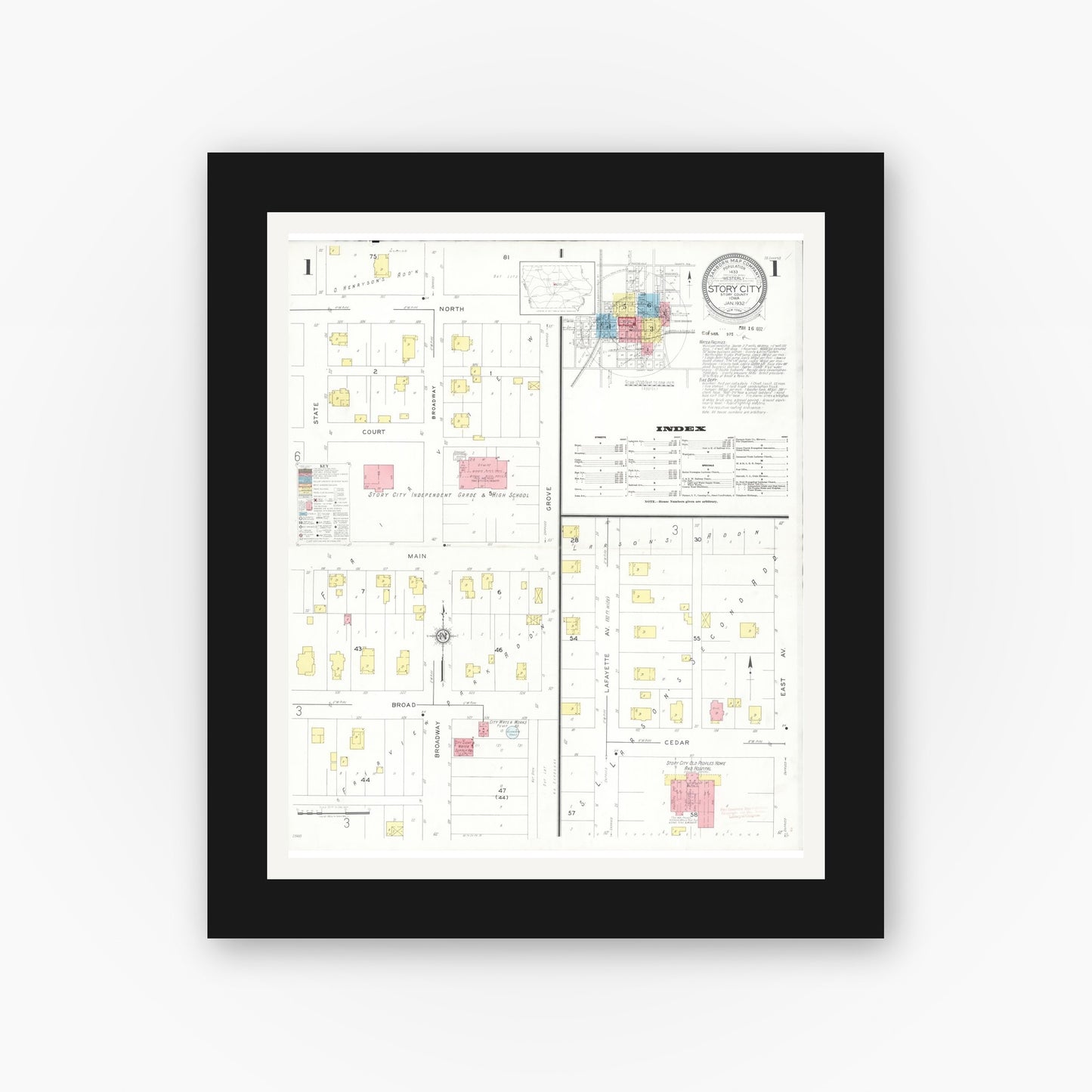 Old map wall art mockup — black gallery frame with white mat — Sanborn Fire Insurance Map from Story City, Story County, Iowa (1932), Sheet #0001