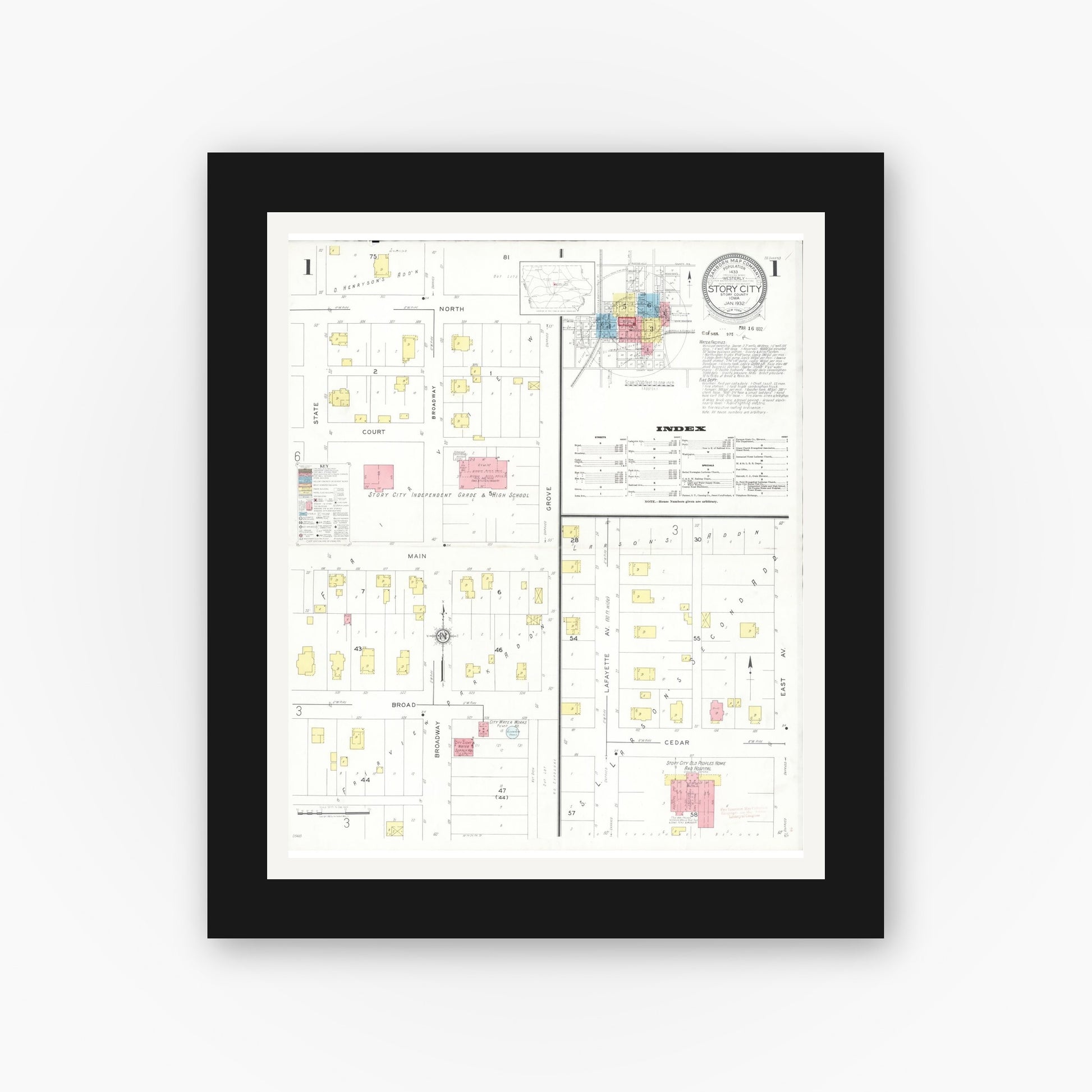 Old map wall art mockup — black gallery frame with white mat — Sanborn Fire Insurance Map from Story City, Story County, Iowa (1932), Sheet #0001