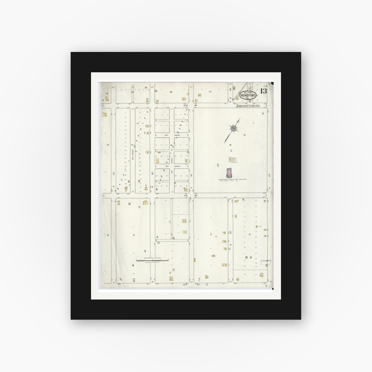 Old map wall art mockup — black gallery frame with white mat — Sanborn Fire Insurance Map from Hereford, Deaf Smith County, Texas (1920), Sheet #0013