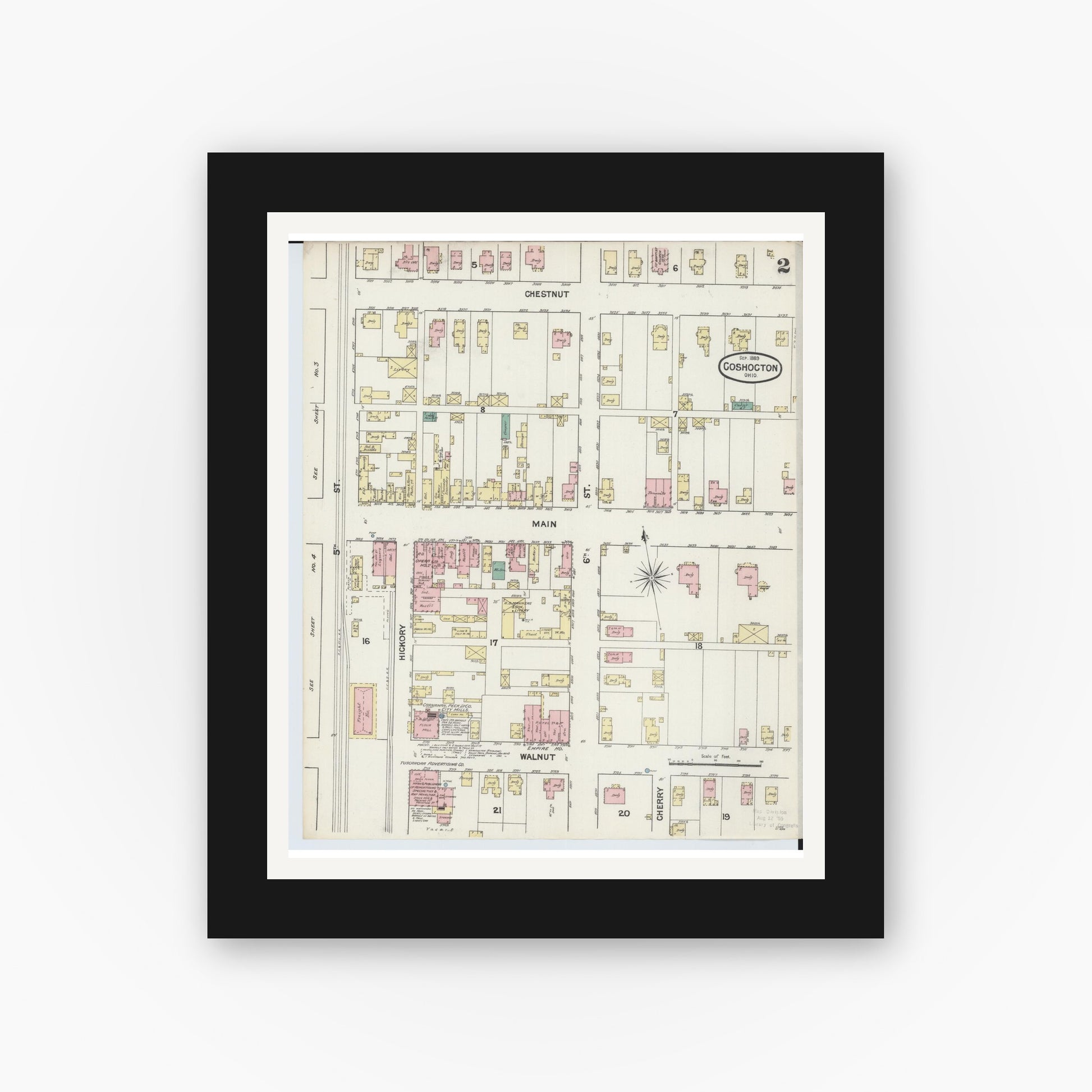 Old map wall art mockup — black gallery frame with white mat — Sanborn Fire Insurance Map from Coshocton, Coshocton County, Ohio (1889), Sheet #0002