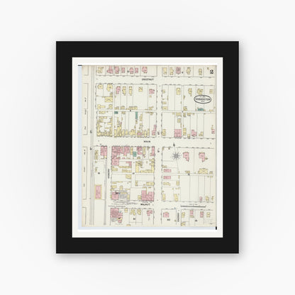 Old map wall art mockup — black gallery frame with white mat — Sanborn Fire Insurance Map from Coshocton, Coshocton County, Ohio (1889), Sheet #0002