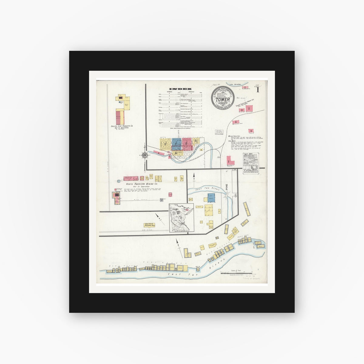 Old map wall art mockup — black gallery frame with white mat — Sanborn Fire Insurance Map from Tower, Saint Louis County, Minnesota (1921), Sheet #0001