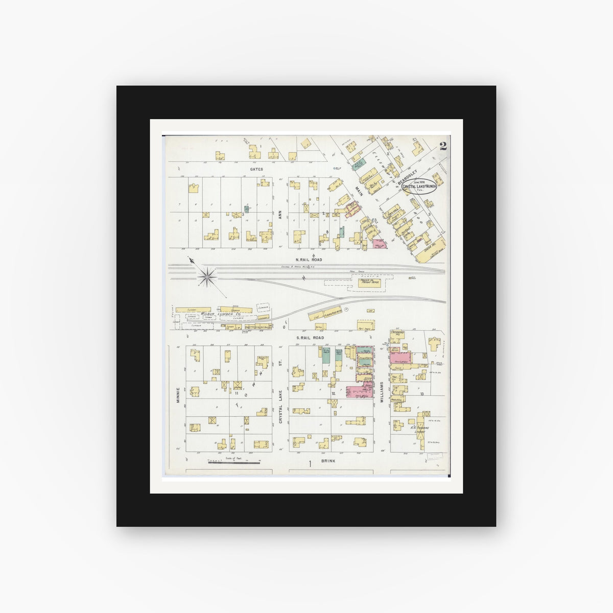 Old map wall art mockup — black gallery frame with white mat — Sanborn Fire Insurance Map from Crystal Lake, McHenry County, Illinois (1898), Sheet #0002