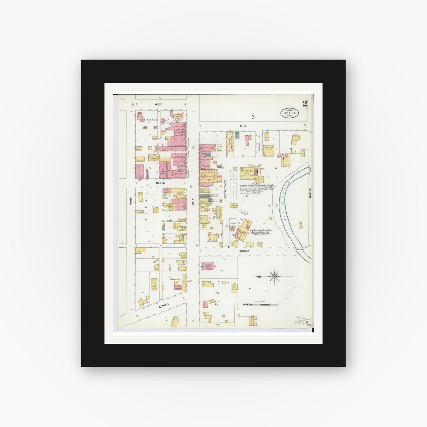 Old map wall art mockup — black gallery frame with white mat — Sanborn Fire Insurance Map from Delta, Fulton County, Ohio (1899), Sheet #0002