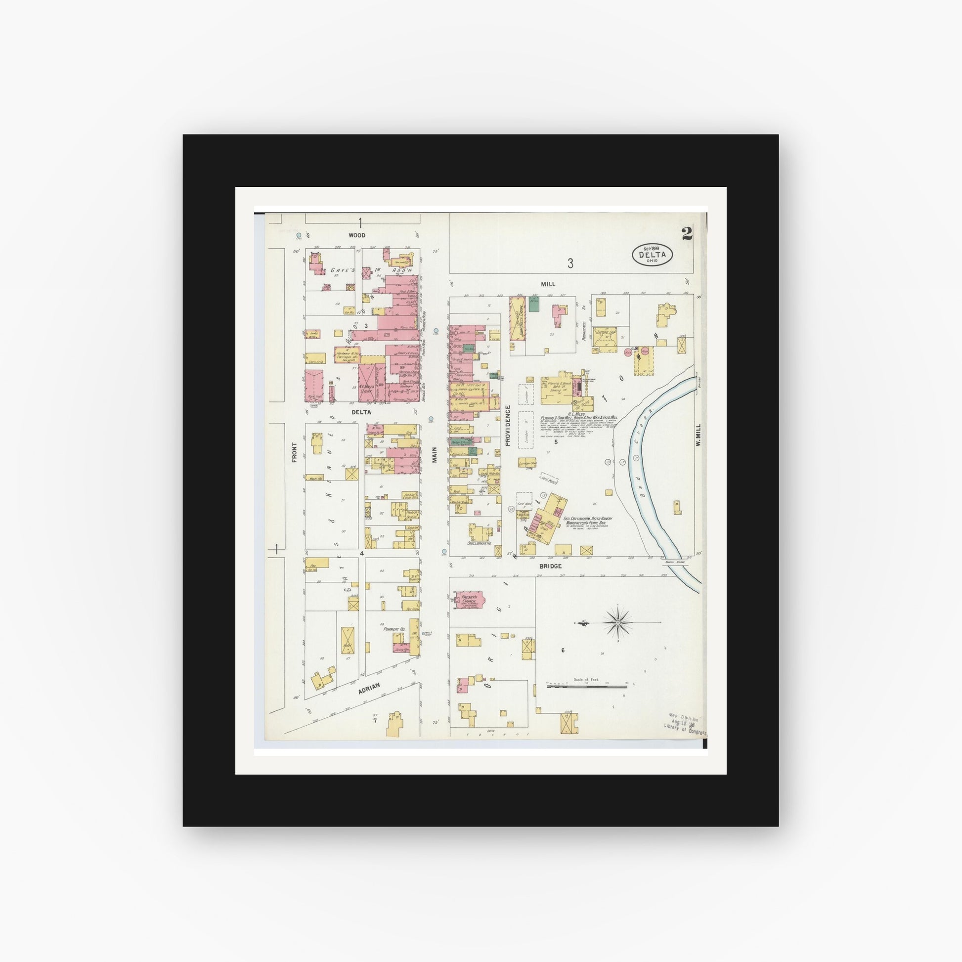 Old map wall art mockup — black gallery frame with white mat — Sanborn Fire Insurance Map from Delta, Fulton County, Ohio (1899), Sheet #0002