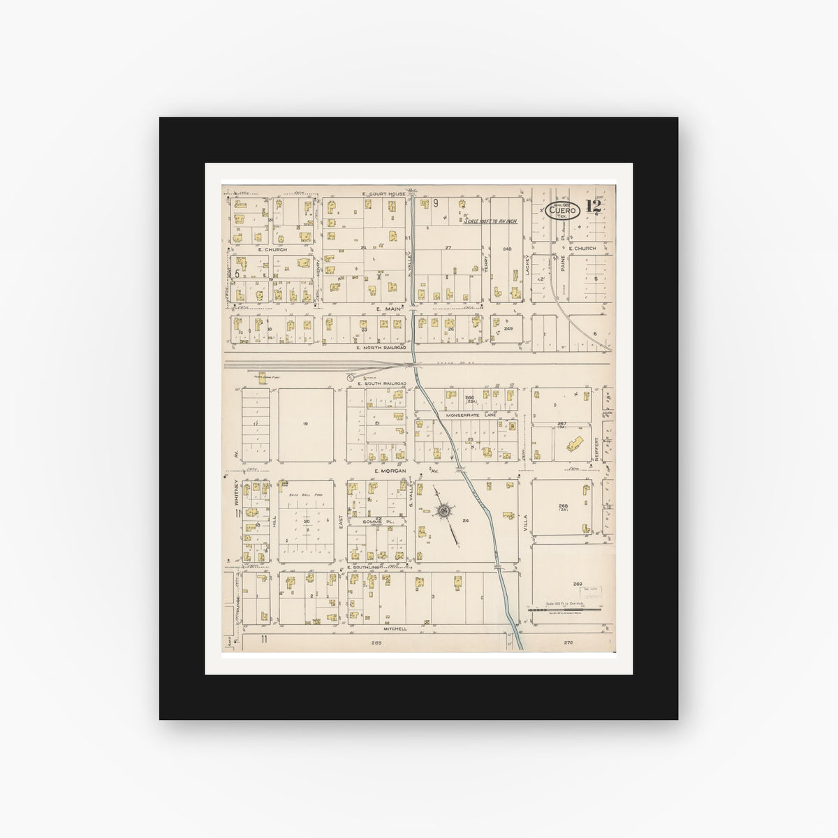Old map wall art mockup — black gallery frame with white mat — Sanborn Fire Insurance Map from Cuero, De Witt County, Texas (1922), Sheet #0012