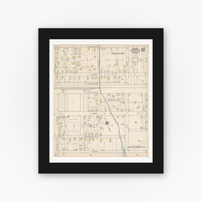 Old map wall art mockup — black gallery frame with white mat — Sanborn Fire Insurance Map from Cuero, De Witt County, Texas (1922), Sheet #0012
