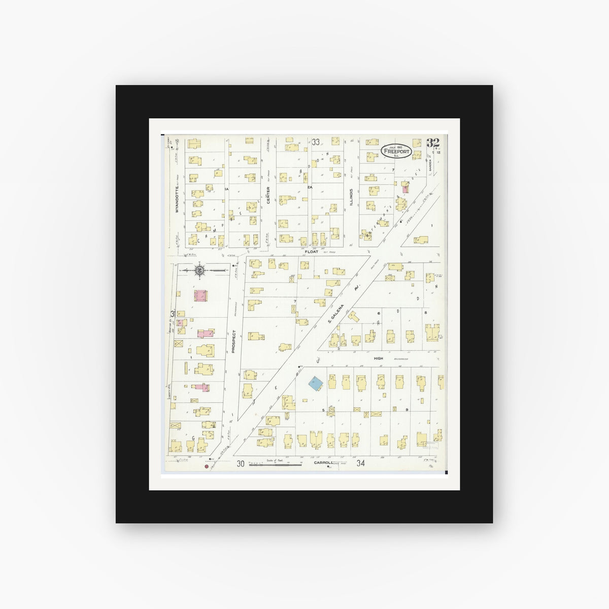 Old map wall art mockup — black gallery frame with white mat — Sanborn Fire Insurance Map from Freeport, Stephenson County, Illinois (1910), Sheet #0032