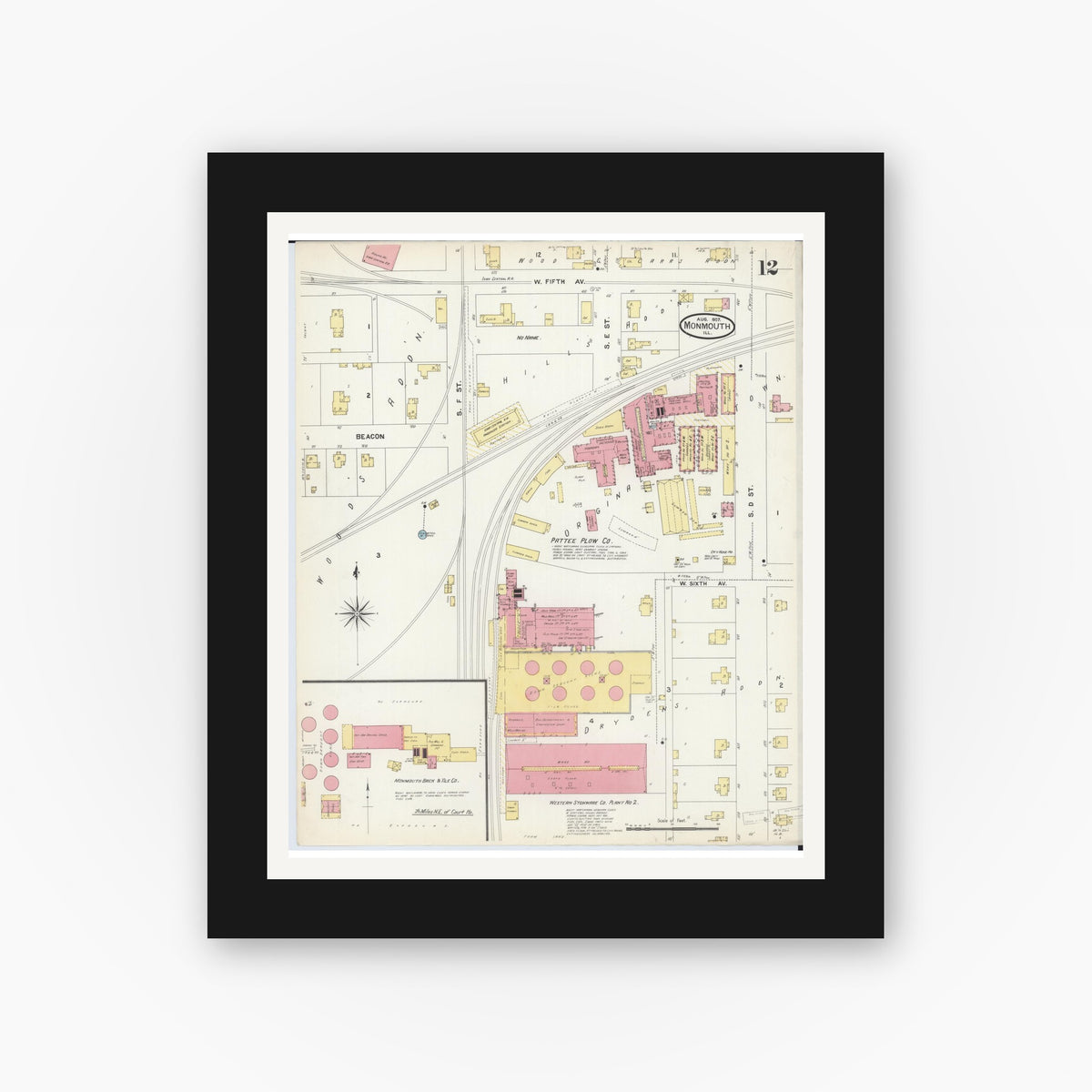 Old map wall art mockup — black gallery frame with white mat — Sanborn Fire Insurance Map from Monmouth, Warren County, Illinois (1907), Sheet #0012