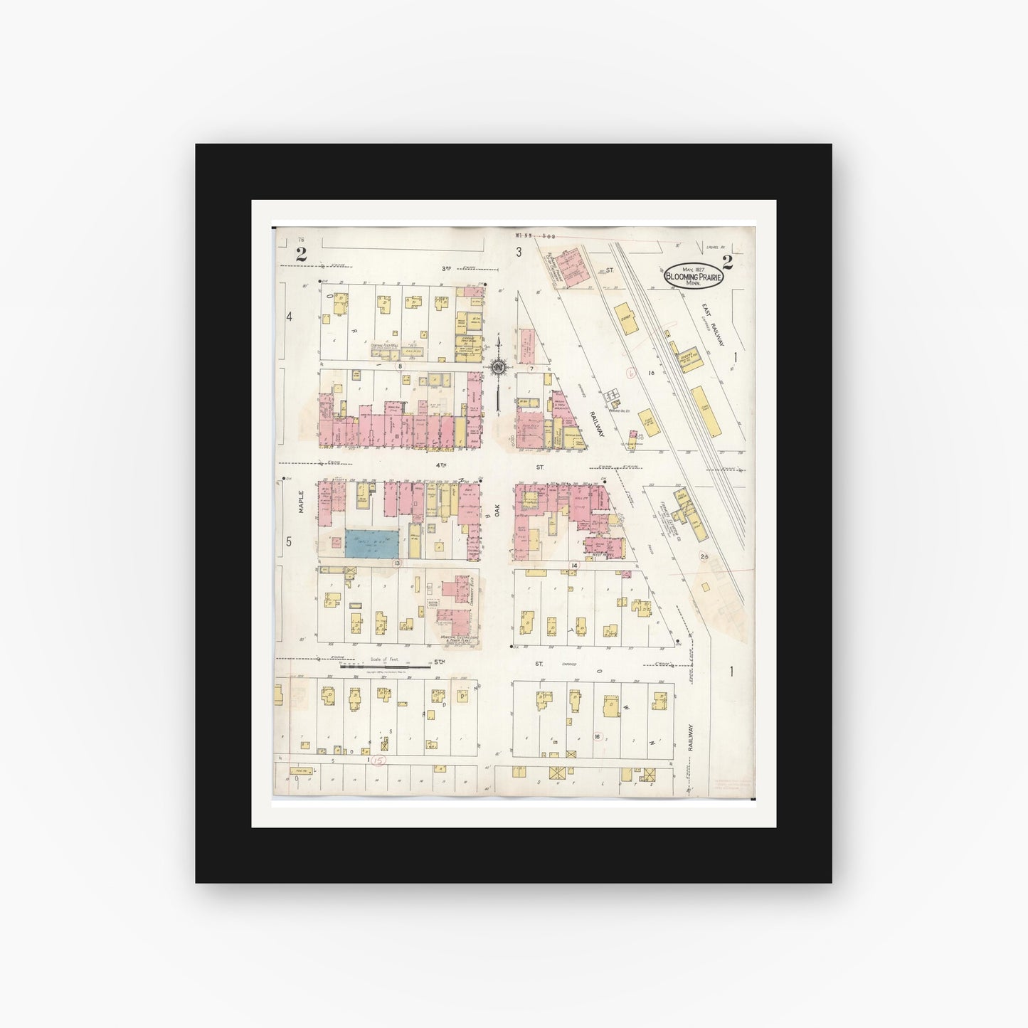 Old map wall art mockup — black gallery frame with white mat — Sanborn Fire Insurance Map from Blooming Prairie, Steele County, Minnesota (1937), Sheet #0002