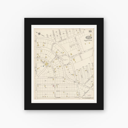 Old map wall art mockup — black gallery frame with white mat — Sanborn Fire Insurance Map from Arlington, Middlesex County, Massachusetts (1922), Sheet #0033