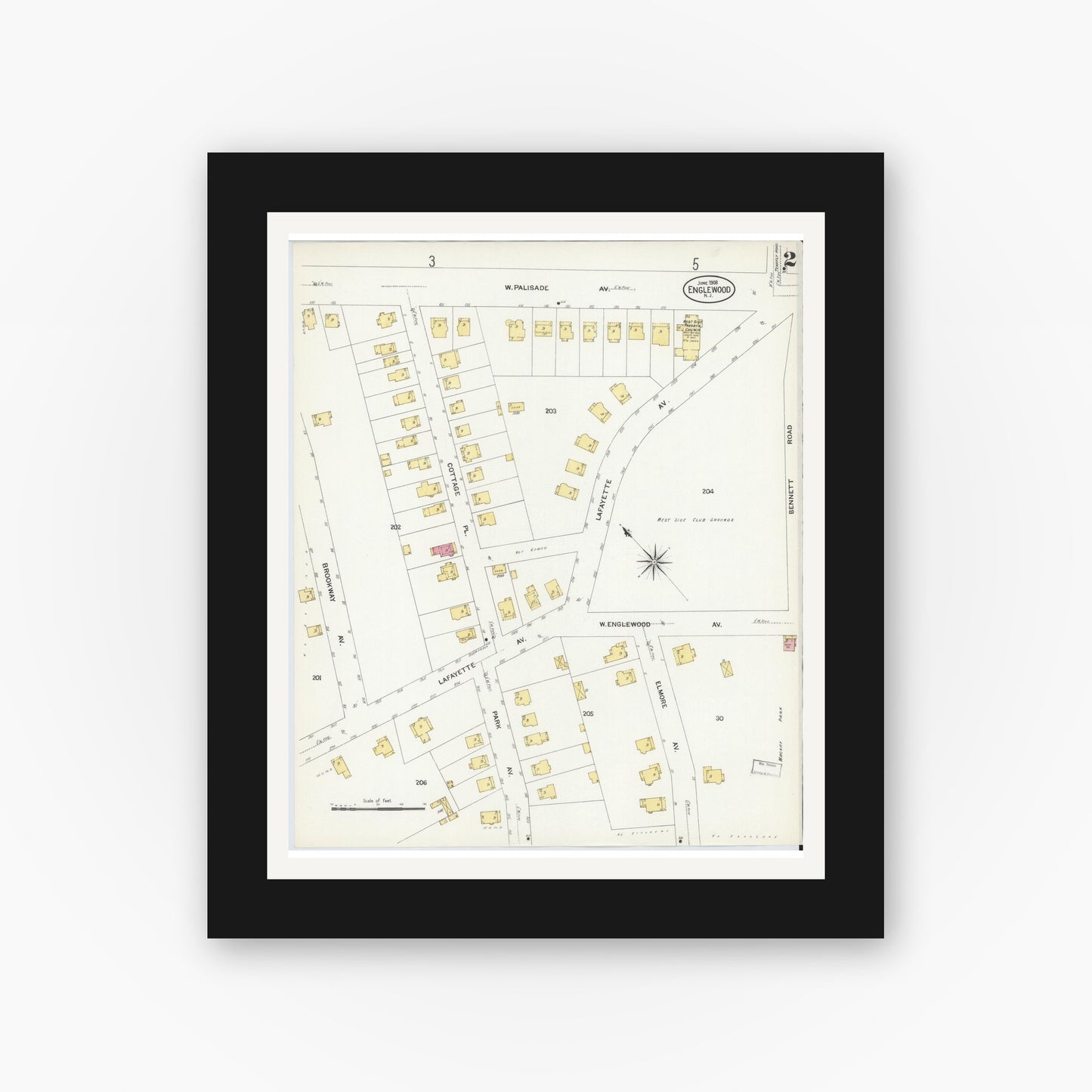 Old map wall art mockup — black gallery frame with white mat — Sanborn Fire Insurance Map from Englewood, Bergen County, New Jersey (1908), Sheet #0002