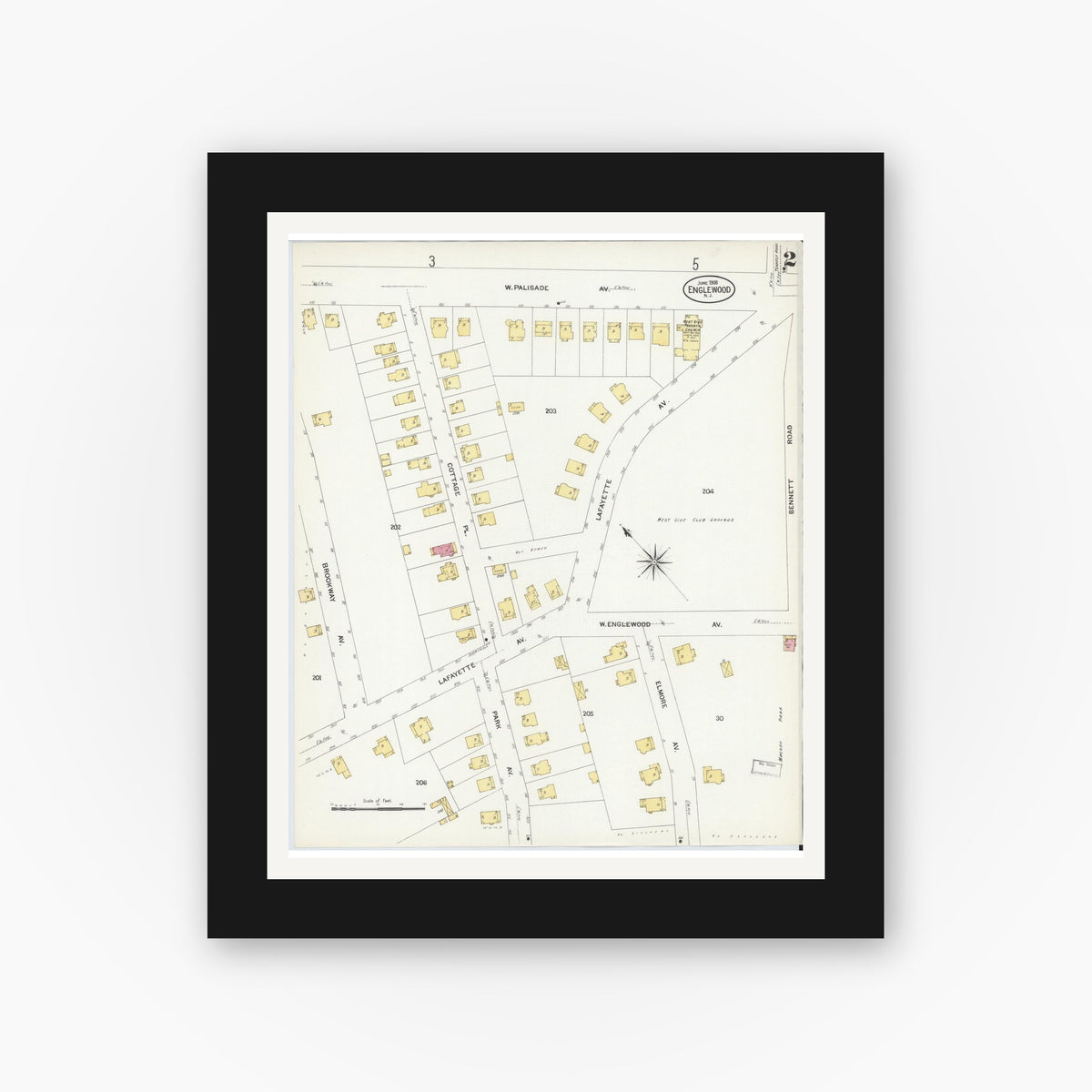 Old map wall art mockup — black gallery frame with white mat — Sanborn Fire Insurance Map from Englewood, Bergen County, New Jersey (1908), Sheet #0002