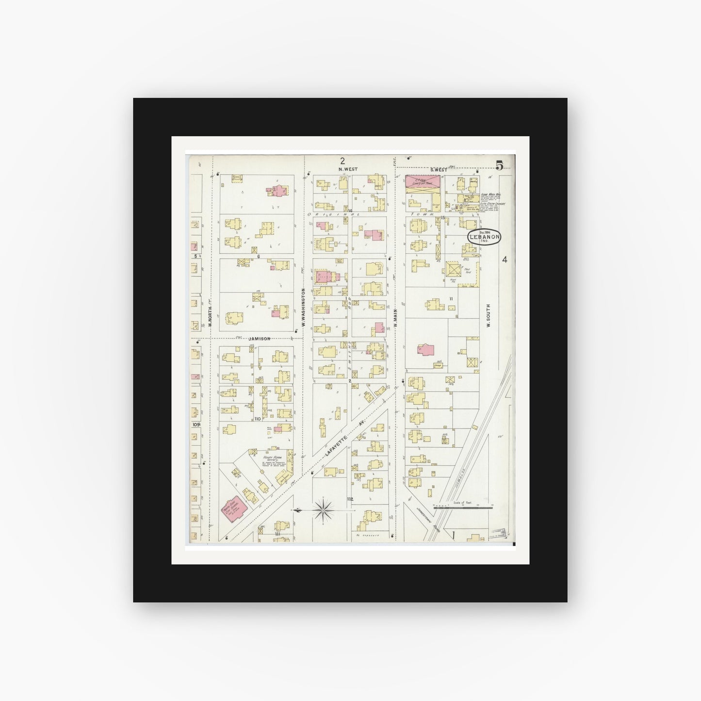 Old map wall art mockup — black gallery frame with white mat — Sanborn Fire Insurance Map from Lebanon, Boone County, Indiana (1896), Sheet #0005