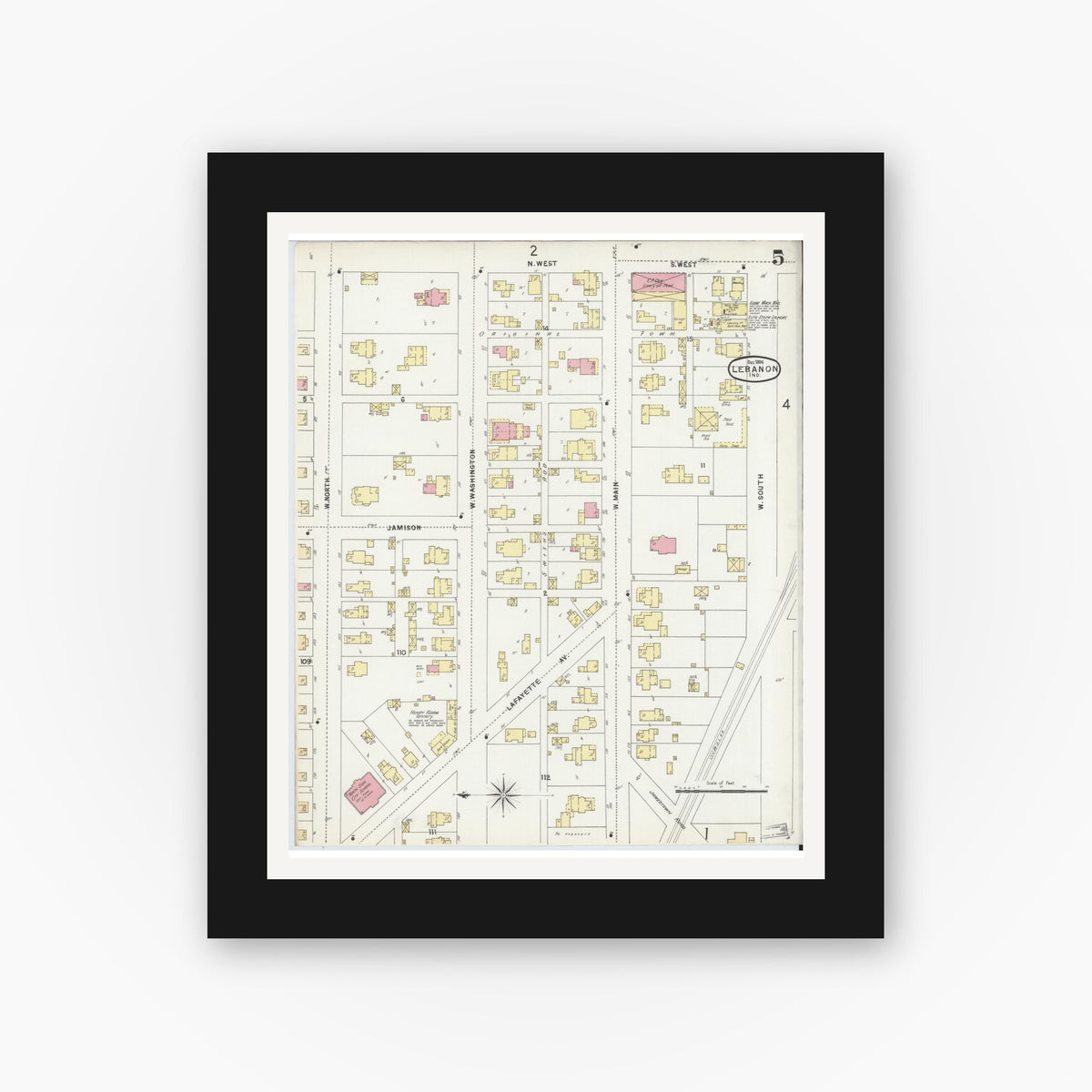 Old map wall art mockup — black gallery frame with white mat — Sanborn Fire Insurance Map from Lebanon, Boone County, Indiana (1896), Sheet #0005