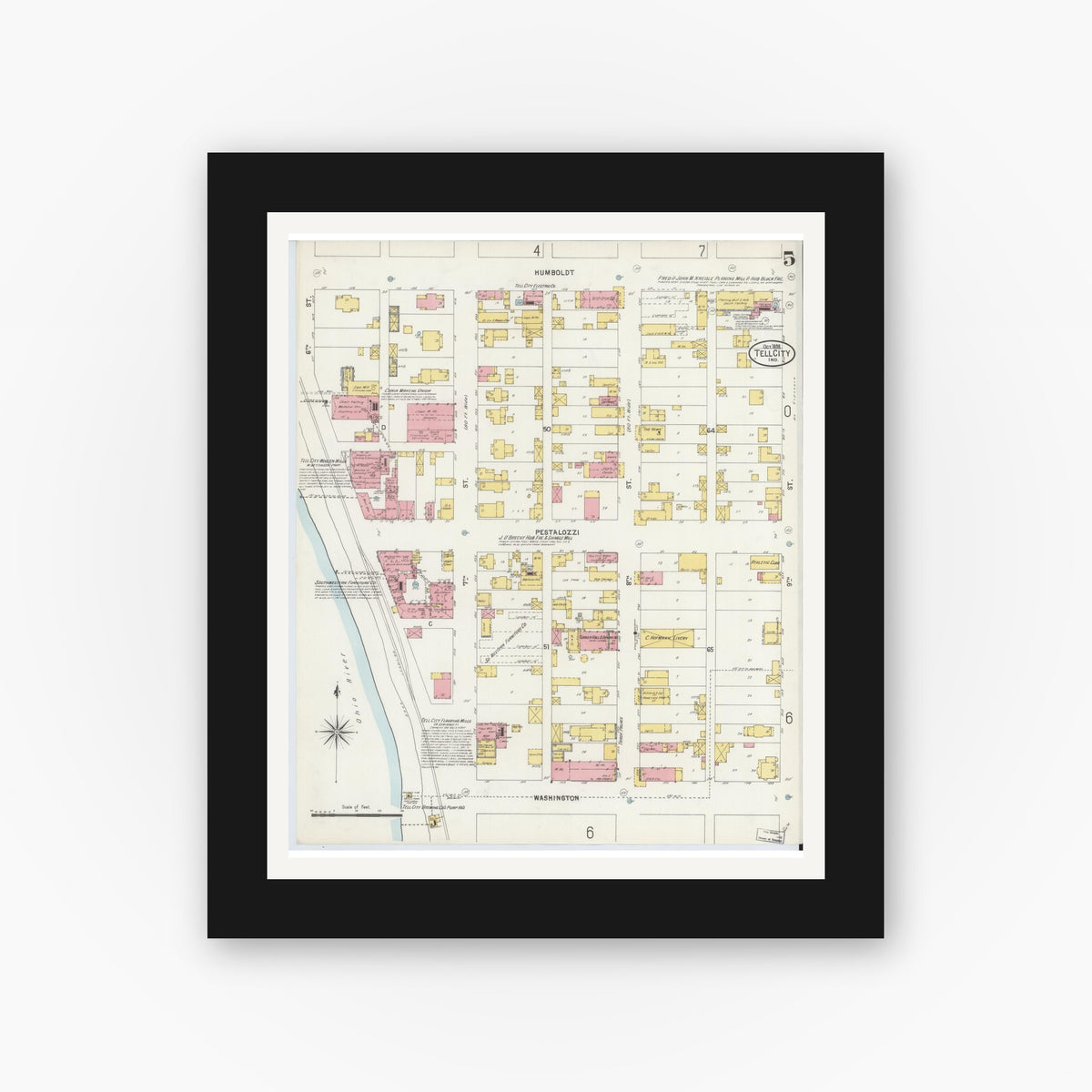 Old map wall art mockup — black gallery frame with white mat — Sanborn Fire Insurance Map from Tell City, Perry County, Indiana (1898), Sheet #0005