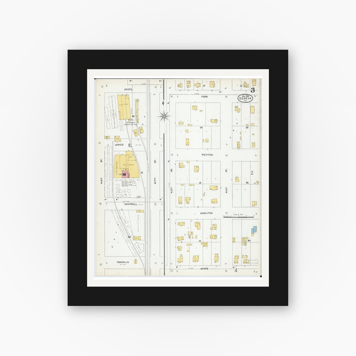 Old map wall art mockup — black gallery frame with white mat — Sanborn Fire Insurance Map from Geneva, Kane County, Illinois (1905), Sheet #0003