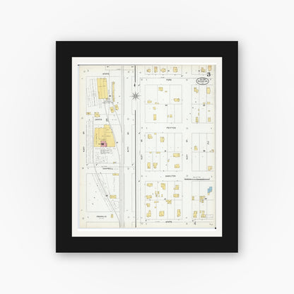 Old map wall art mockup — black gallery frame with white mat — Sanborn Fire Insurance Map from Geneva, Kane County, Illinois (1905), Sheet #0003