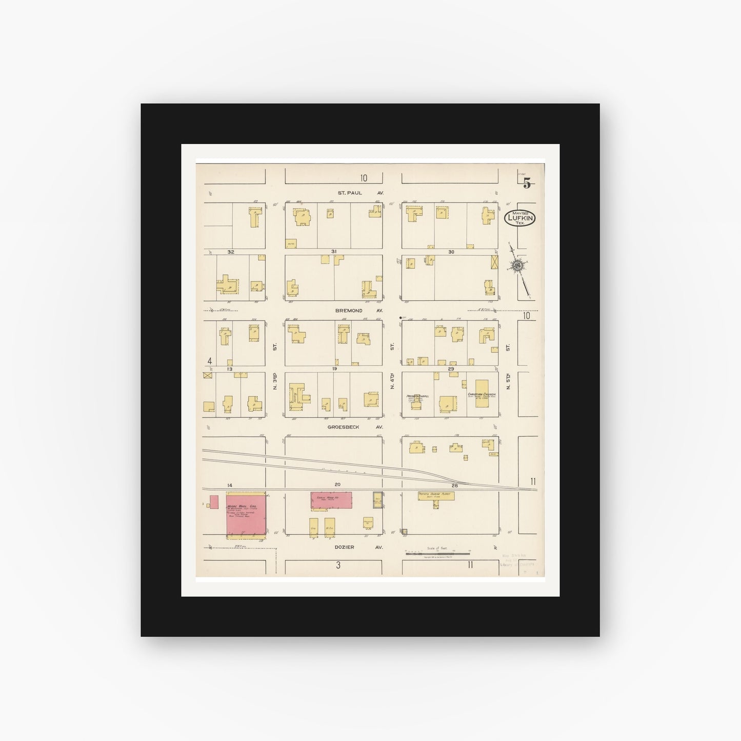 Old map wall art mockup — black gallery frame with white mat — Sanborn Fire Insurance Map from Lufkin, Angelina County, Texas (1922), Sheet #0005