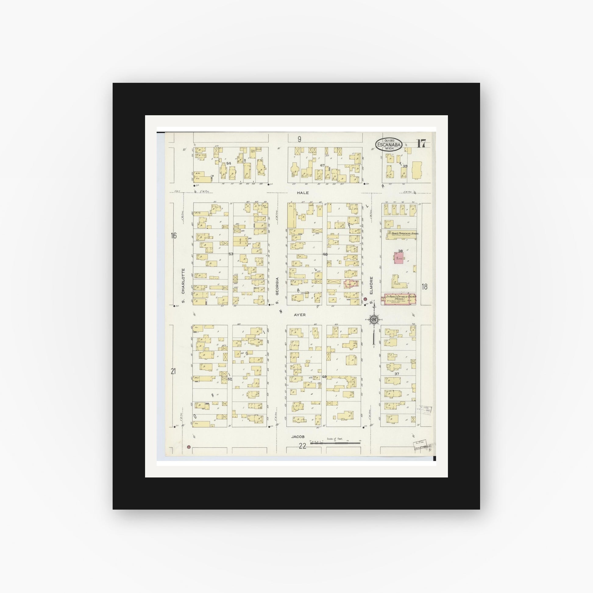 Old map wall art mockup — black gallery frame with white mat — Sanborn Fire Insurance Map from Escanaba, Delta County, Michigan (1913), Sheet #0017
