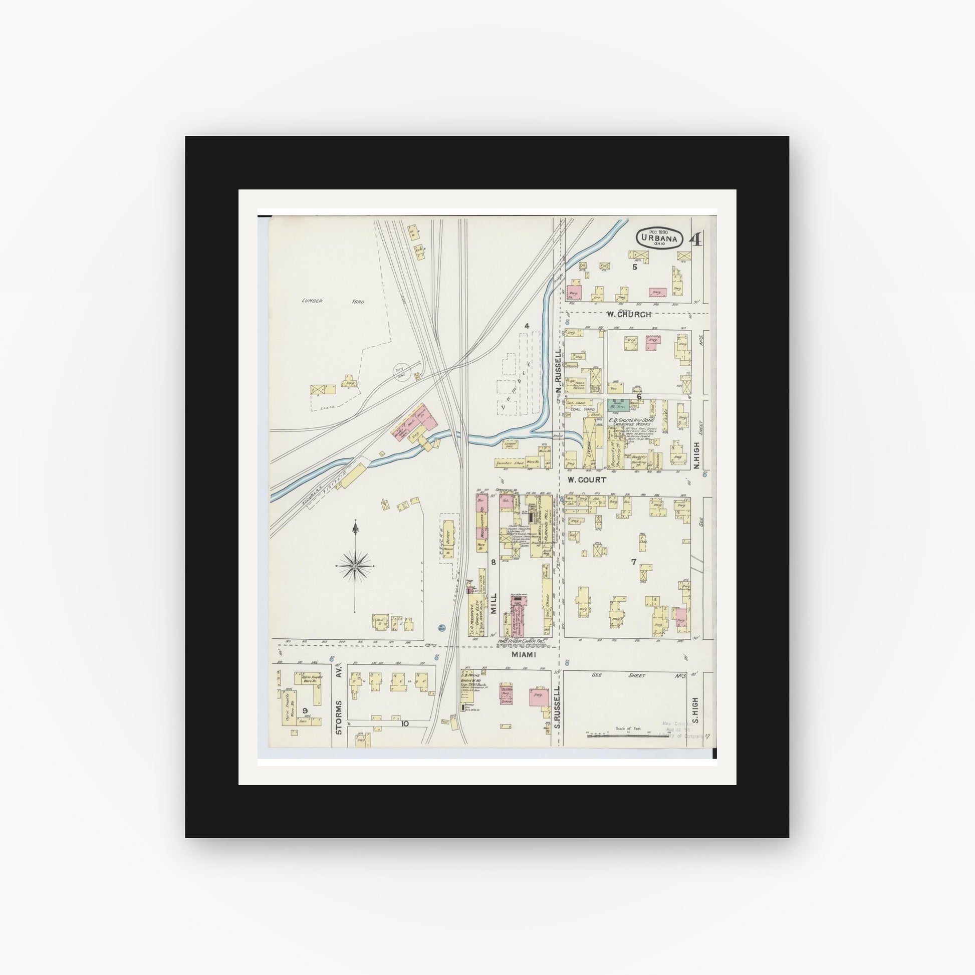 Old map wall art mockup — black gallery frame with white mat — Sanborn Fire Insurance Map from Urbana, Champaign County, Ohio (1890), Sheet #0004