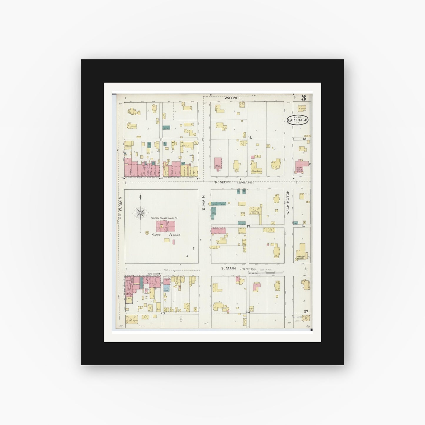 Old map wall art mockup — black gallery frame with white mat — Sanborn Fire Insurance Map from Carthage, Hancock County, Illinois (1893), Sheet #0003