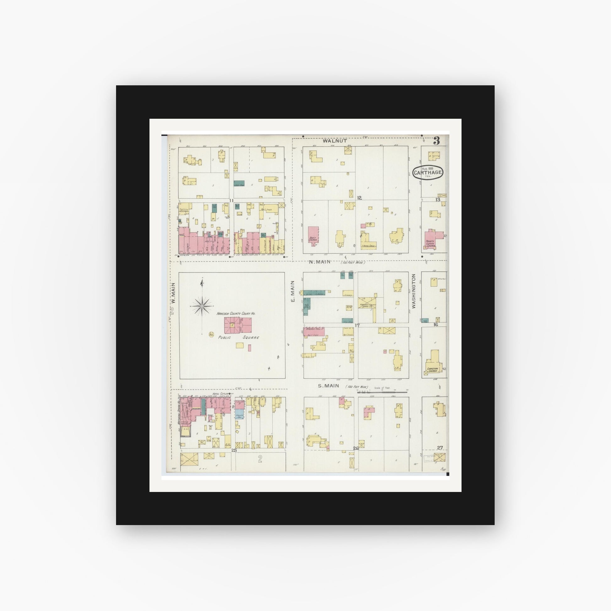 Old map wall art mockup — black gallery frame with white mat — Sanborn Fire Insurance Map from Carthage, Hancock County, Illinois (1893), Sheet #0003