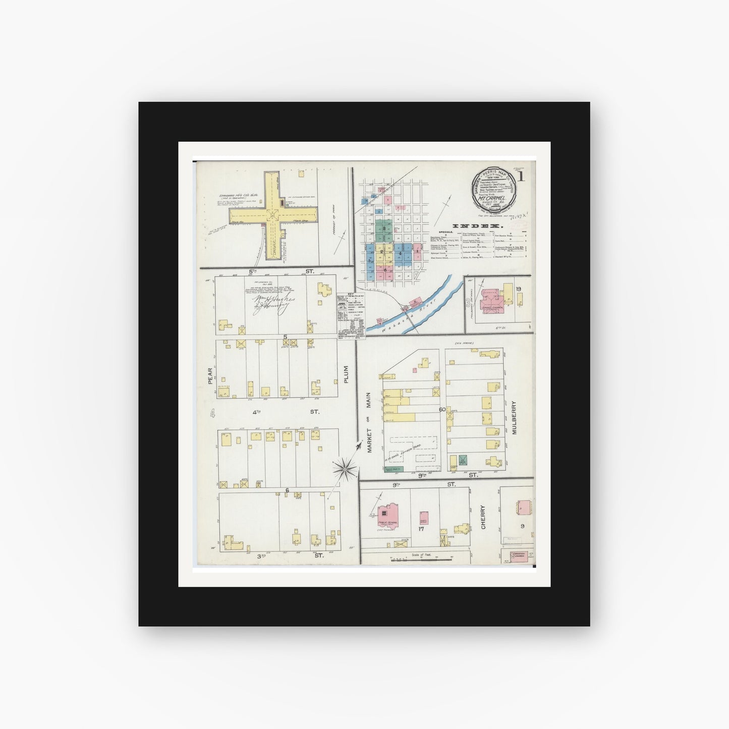 Old map wall art mockup — black gallery frame with white mat — Sanborn Fire Insurance Map from Mount Carmel, Wabash County, Illinois (1892) - Complete Map Set