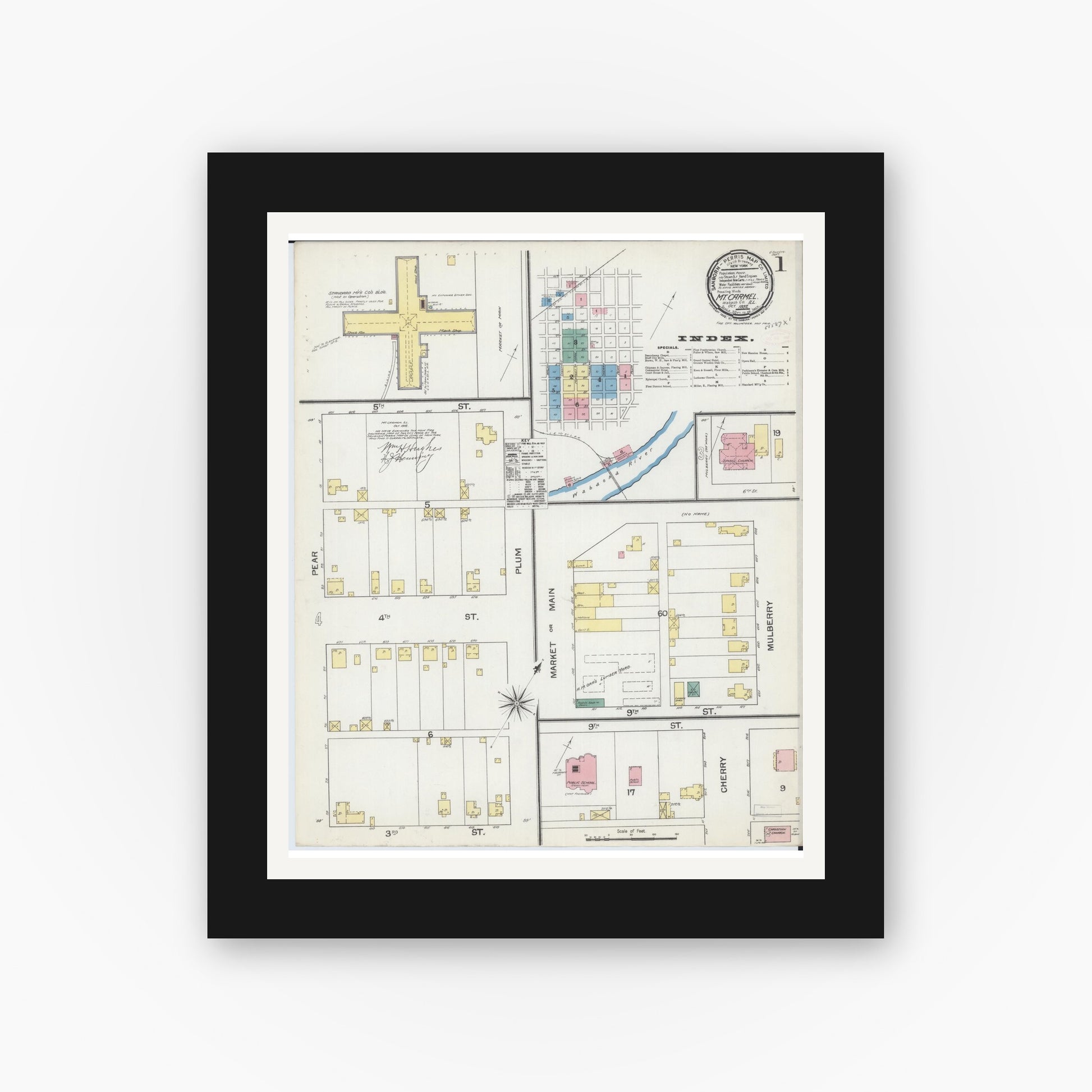 Old map wall art mockup — black gallery frame with white mat — Sanborn Fire Insurance Map from Mount Carmel, Wabash County, Illinois (1892) - Complete Map Set