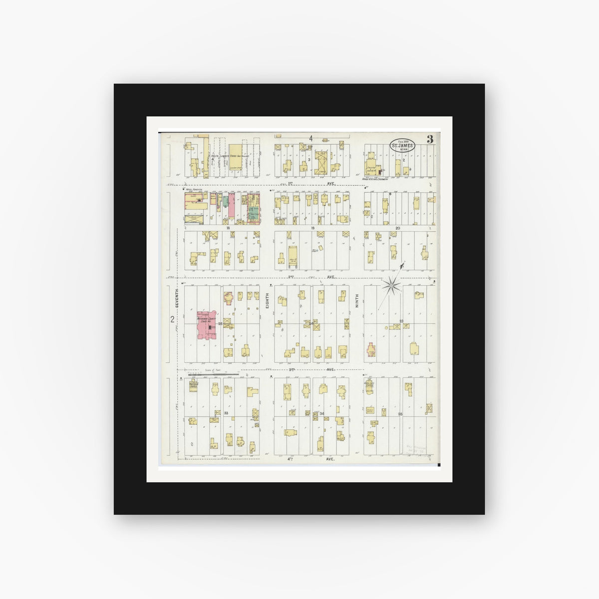 Old map wall art mockup — black gallery frame with white mat — Sanborn Fire Insurance Map from Saint James, Watonwan County, Minnesota (1899), Sheet #0003