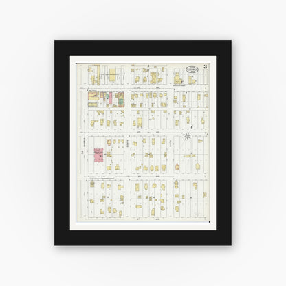 Old map wall art mockup — black gallery frame with white mat — Sanborn Fire Insurance Map from Saint James, Watonwan County, Minnesota (1899), Sheet #0003
