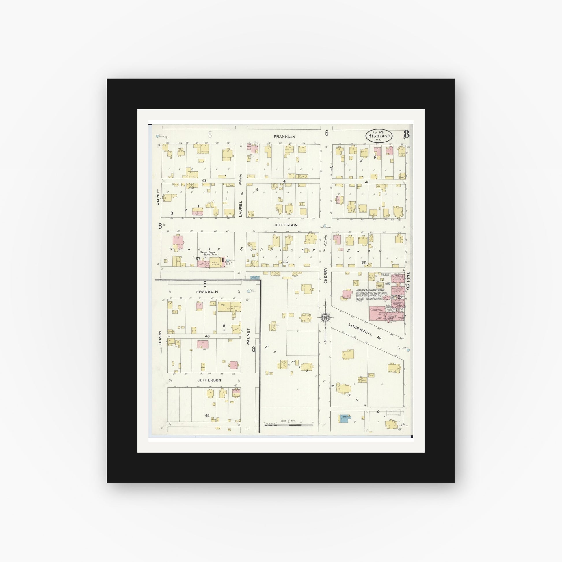 Old map wall art mockup — black gallery frame with white mat — Sanborn Fire Insurance Map from Highland, Madison County, Illinois (1908), Sheet #0008