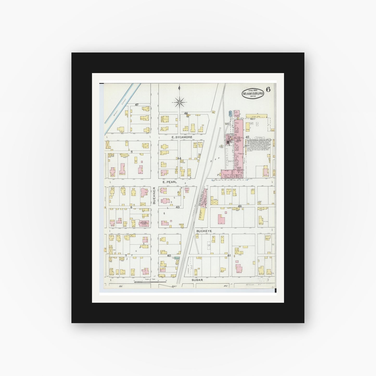 Old map wall art mockup — black gallery frame with white mat — Sanborn Fire Insurance Map from Miamisburg, Montgomery County, Ohio (1892), Sheet #0006