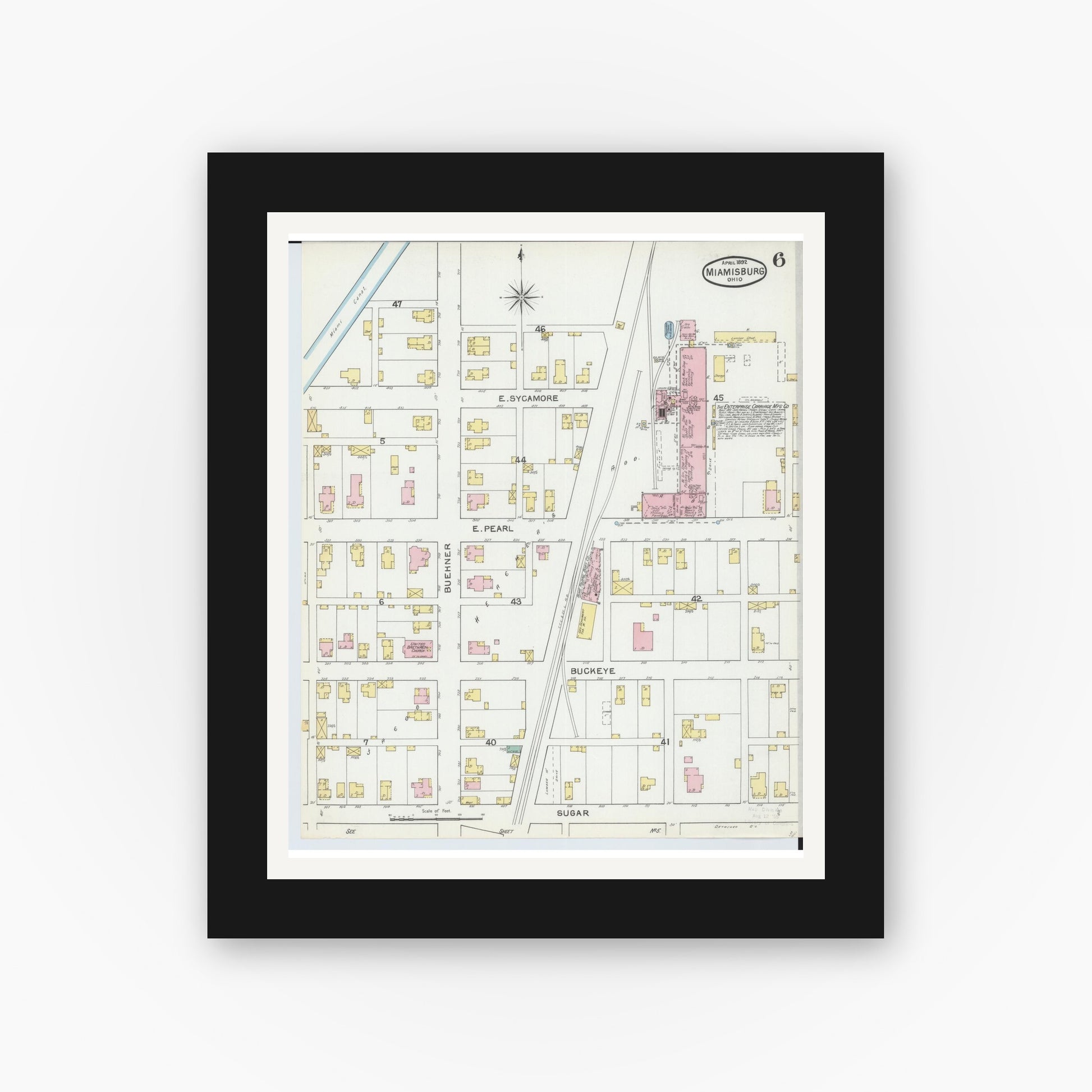 Old map wall art mockup — black gallery frame with white mat — Sanborn Fire Insurance Map from Miamisburg, Montgomery County, Ohio (1892), Sheet #0006