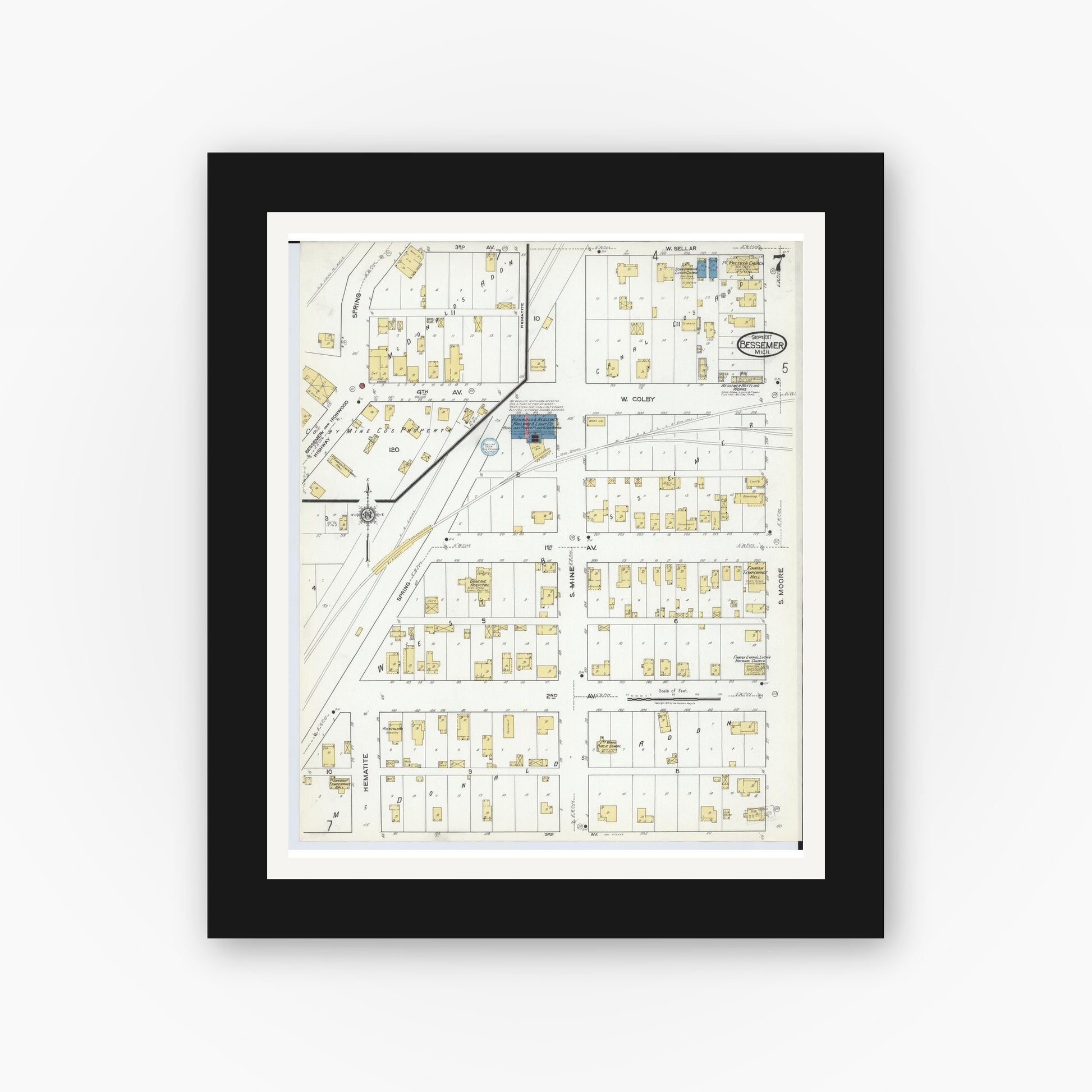 Old map wall art mockup — black gallery frame with white mat — Sanborn Fire Insurance Map from Bessemer, Gogebic County, Michigan (1917), Sheet #0007