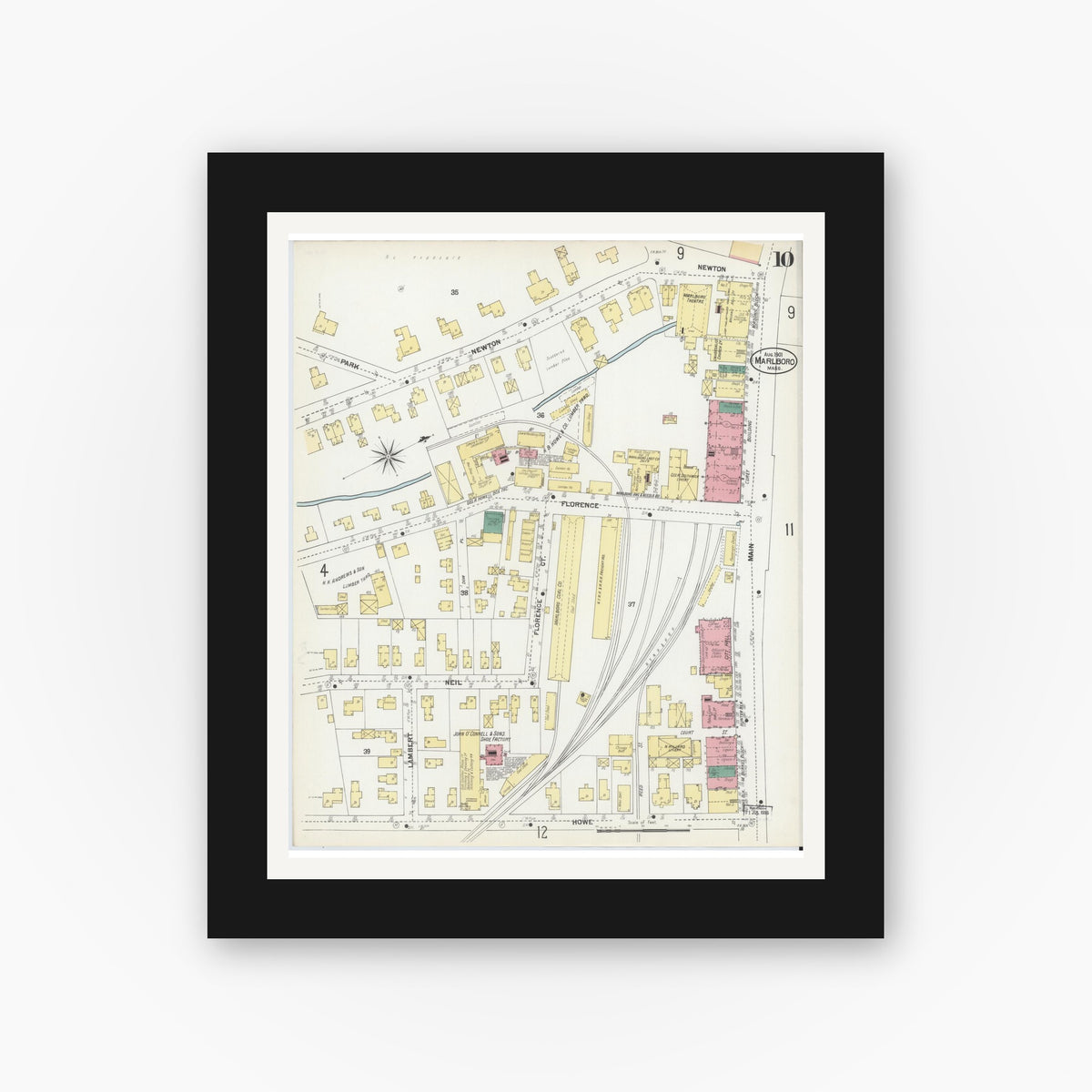 Old map wall art mockup — black gallery frame with white mat — Sanborn Fire Insurance Map from Marlborough, Middlesex County, Massachusetts (1901), Sheet #0010