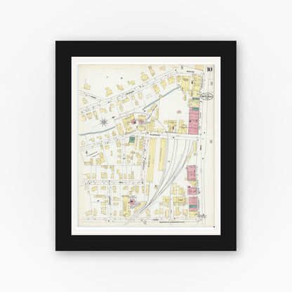 Old map wall art mockup — black gallery frame with white mat — Sanborn Fire Insurance Map from Marlborough, Middlesex County, Massachusetts (1901), Sheet #0010