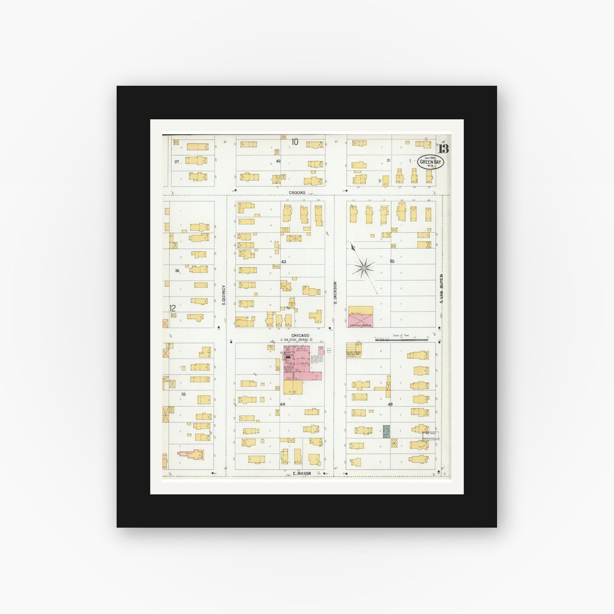 Old map wall art mockup — black gallery frame with white mat — Sanborn Fire Insurance Map from Green Bay, Brown County, Wisconsin (1900), Sheet #0013
