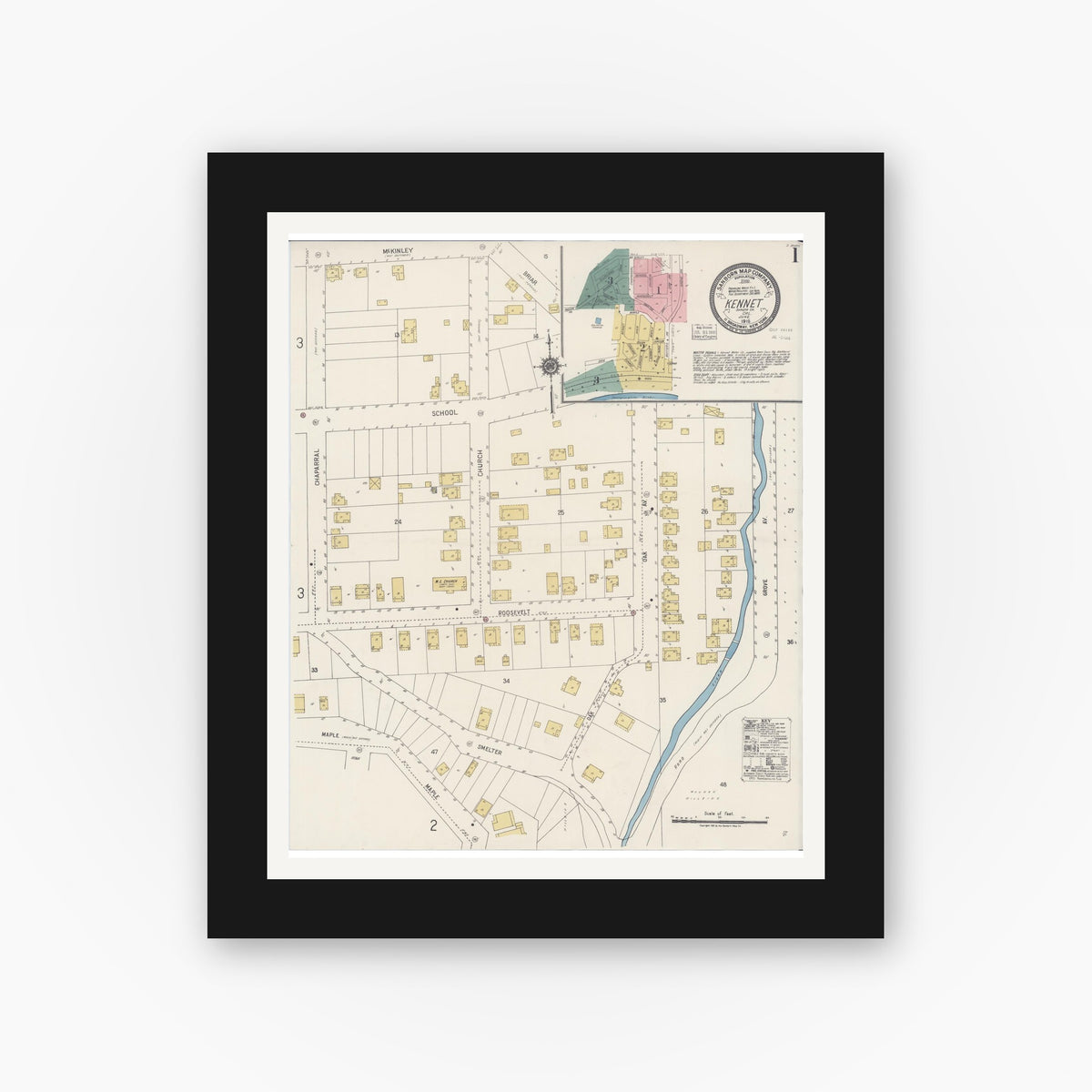 Old map wall art mockup — black gallery frame with white mat — Sanborn Fire Insurance Map from Kennett, Shasta County, California (1918) - Complete Map Set