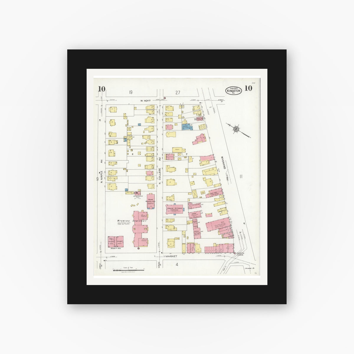 Old map wall art mockup — black gallery frame with white mat — Sanborn Fire Insurance Map from Kingston, Luzerne County, Pennsylvania (1925), Sheet #0010