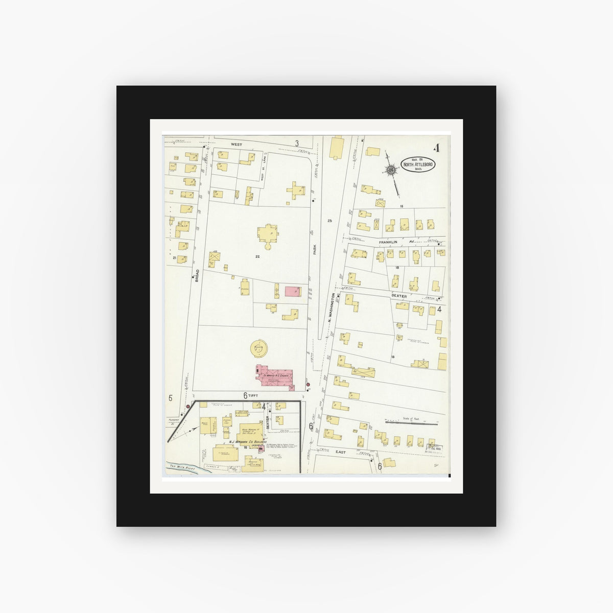 Old map wall art mockup — black gallery frame with white mat — Sanborn Fire Insurance Map from North Attleborough, Bristol County, Massachusetts (1911), Sheet #0004