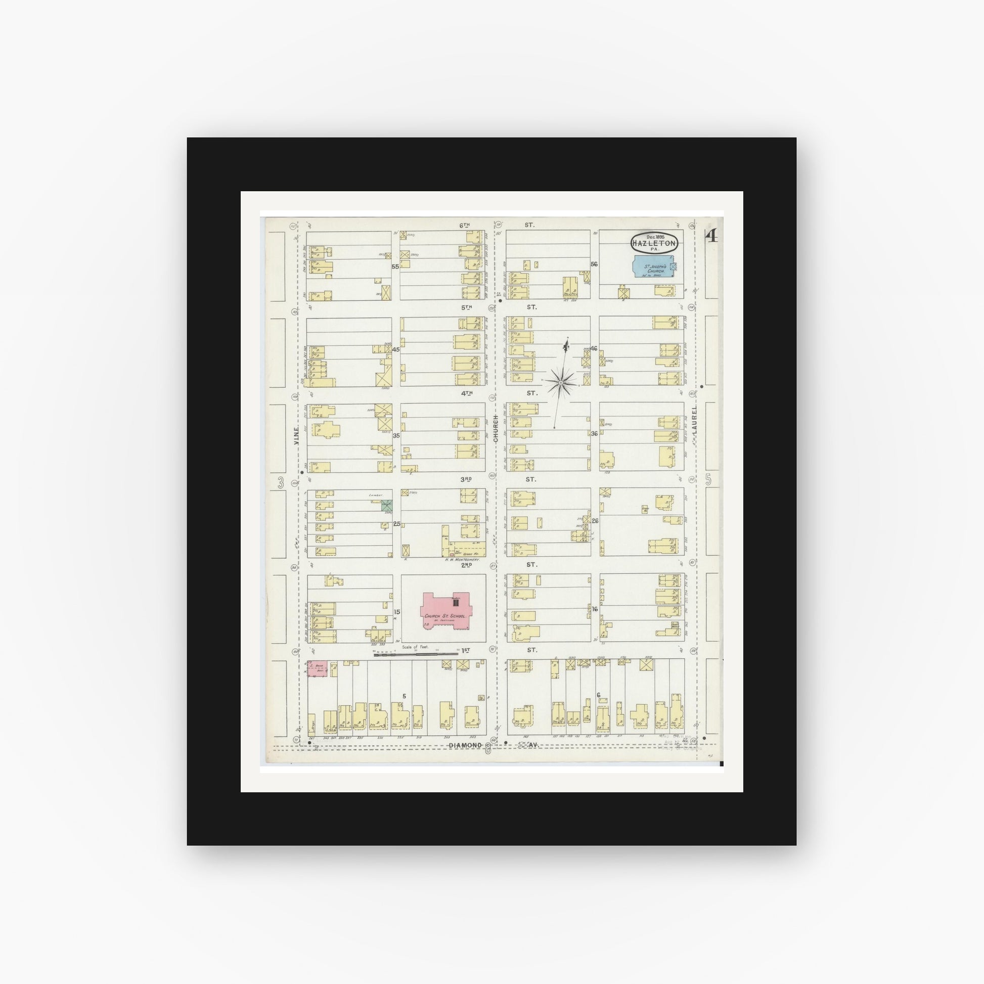 Old map wall art mockup — black gallery frame with white mat — Sanborn Fire Insurance Map from Hazleton, Luzerne County, Pennsylvania (1895), Sheet #0004