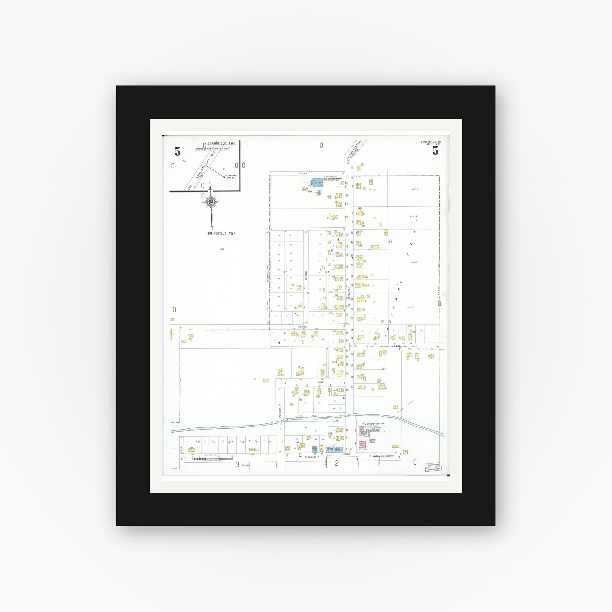 Old map wall art mockup — black gallery frame with white mat — Sanborn Fire Insurance Map from Stryker, Williams County, Ohio (1951), Sheet #0005